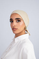No Thread Bonnet with Ribbon in Beige  from Sotra Hijab – seamless, soft hijab underscarf