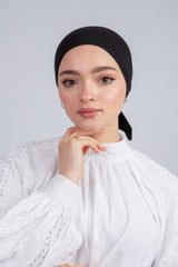 No Thread Bonnet with Ribbon in Black  from Sotra Hijab – seamless, soft hijab underscarf